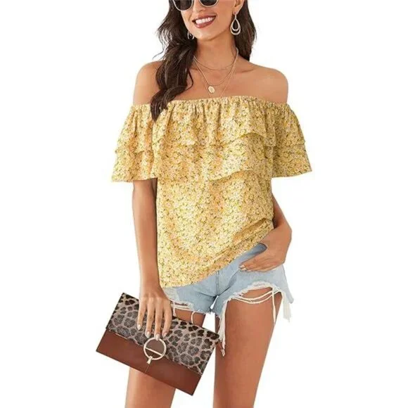 Women's Casual Off Shoulder Ruffle Blouse - Summer Stylish Top, Chic and Elegant - Picture 6 of 6